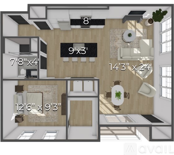 A 14'3" x 24' living room with a kitchen and dining area.