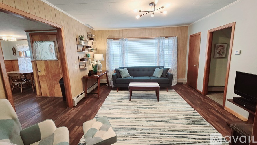A living room with a grey couch and a rug.