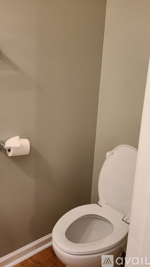 A toilet with a roll of toilet paper on the wall.