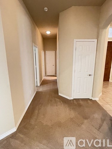 A hallway with a carpeted floor and a white door at the end.