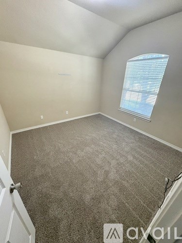 A carpeted room with a window and a door.