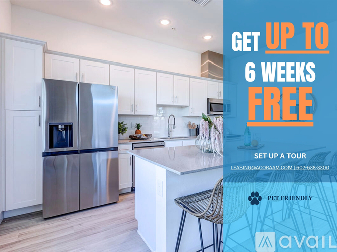 A modern kitchen with a promotion for a free first month for a move in special.