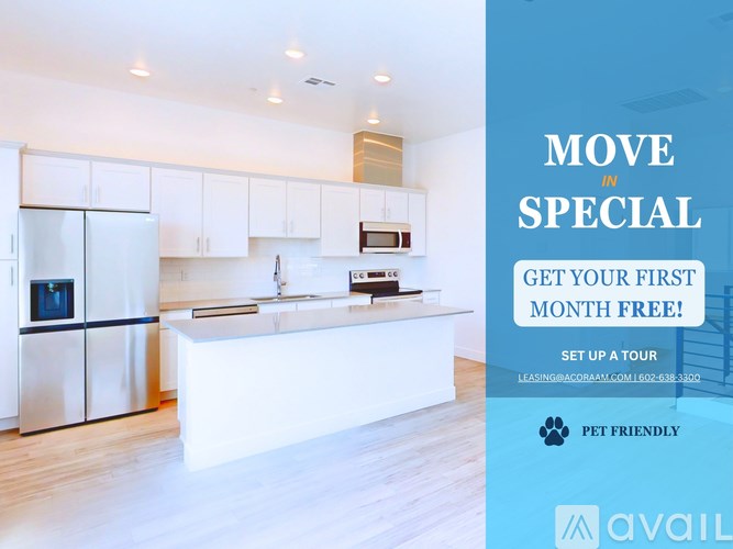 A modern kitchen with a promotion for a free first month for a move in special.