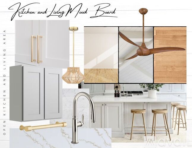 A kitchen and living mood board with a white and gold color scheme.