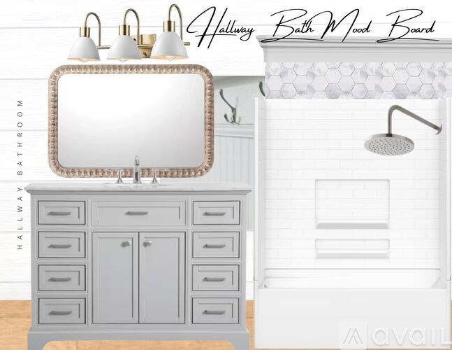 A bathroom with a grey vanity and a mirror above it.