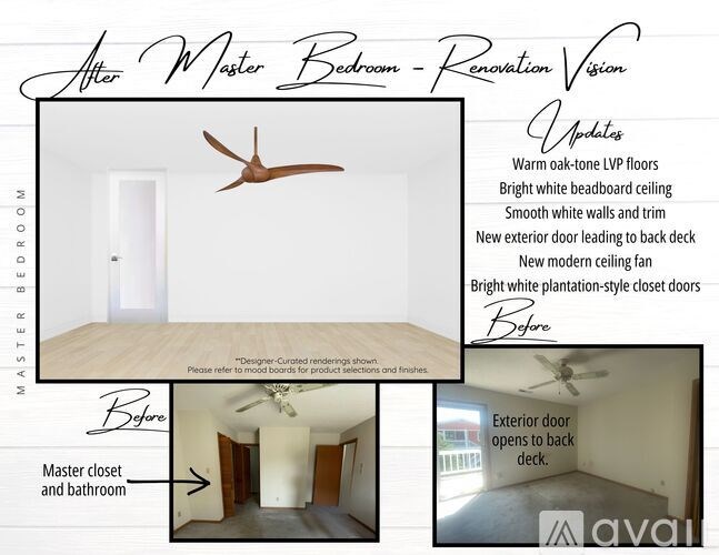 A renovation vision for a master bedroom, showing the before and after images.