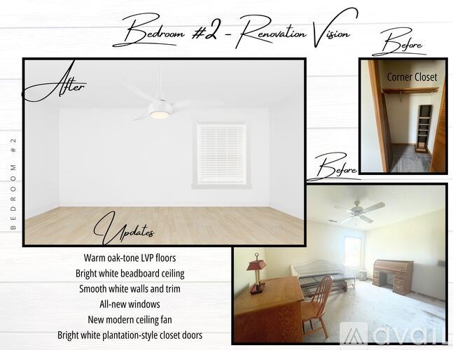 A renovation vision for Bedroom #2, featuring warm oak-toned LVP floors, bright white beadboard ceiling, and new windows.