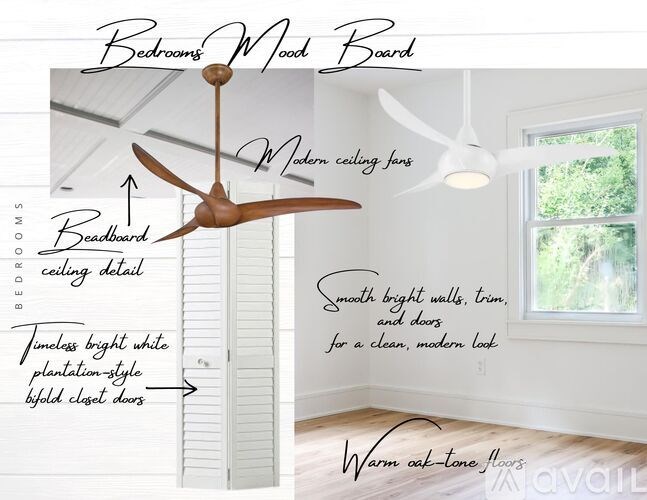 A room with a ceiling fan and a bedroom mood board with a modern ceiling fan.