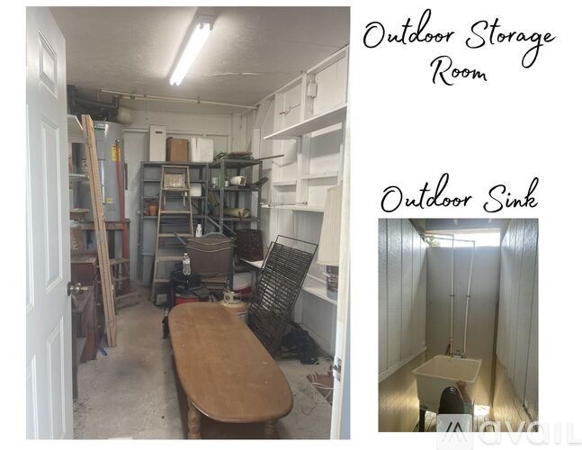 A storage room with a table and a sink.