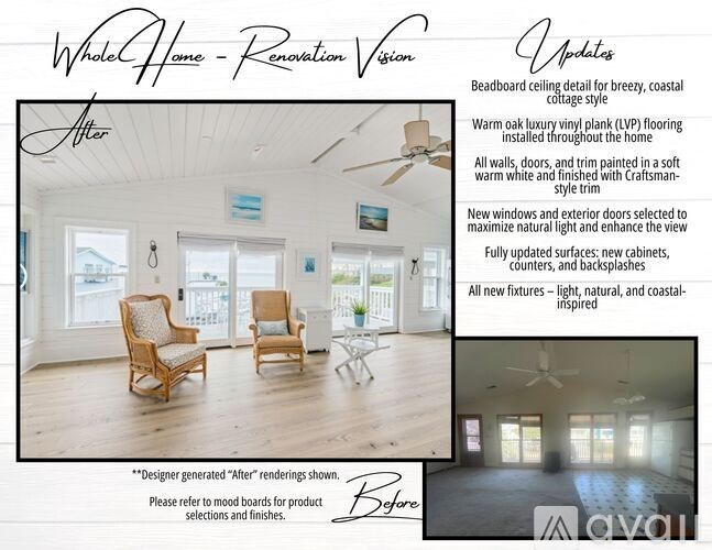 A renovation vision for a whole home, featuring a coastal style ceiling, wooden floors, and a warm, inviting atmosphere.