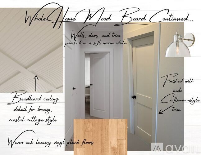 A picture of a room with a door and a wall with a beadboard ceiling.