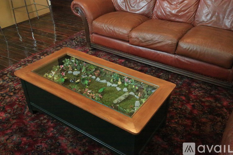 A brown leather couch sits behind a glass table with a small garden on top.
