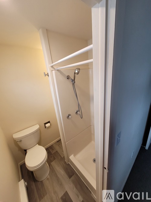 A bathroom with a toilet, a shower, and a towel rack.