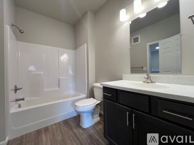 A bathroom with a white toilet, a bathtub with a shower head, and a vanity with a mirror.