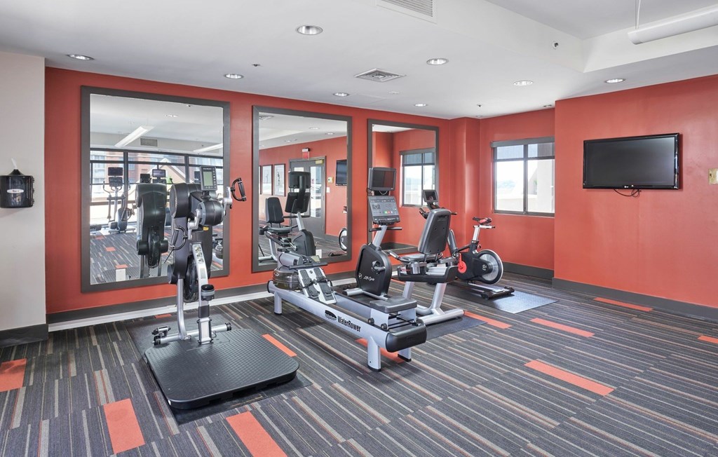 A gym with a variety of equipment including treadmills, weights, and a television.