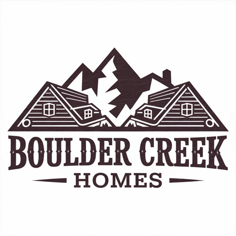 A logo for Boulder Creek Homes features two houses and a mountain.