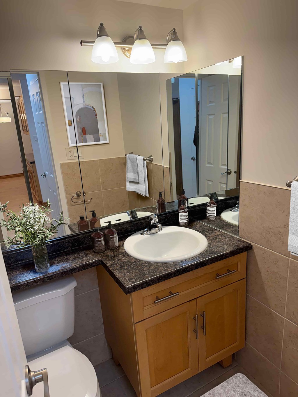 A bathroom with a white toilet, a sink, and a mirror.