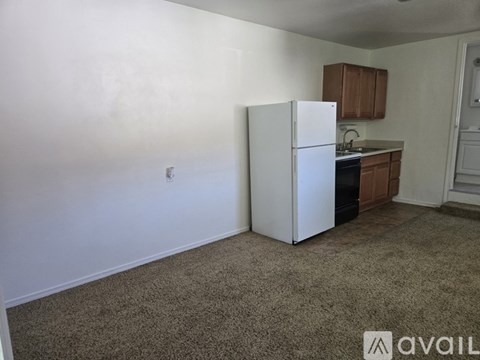 A kitchen area with a white refrigerator and a small stove top oven.