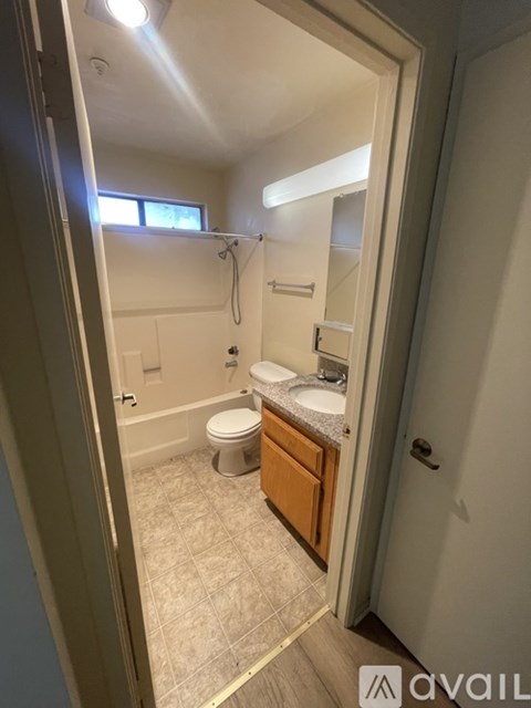 A bathroom with a toilet, sink, and shower.
