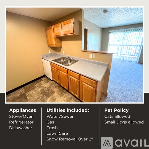 A kitchen with a list of appliances and utilities included and a pet policy.