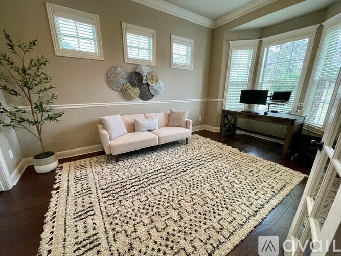A living room with a white couch and a large rug.
