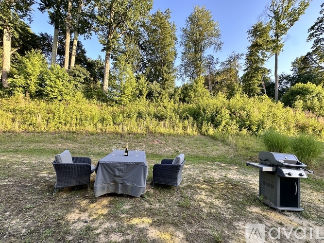 A table with chairs and a grill set up in a grassy area with trees in the background.