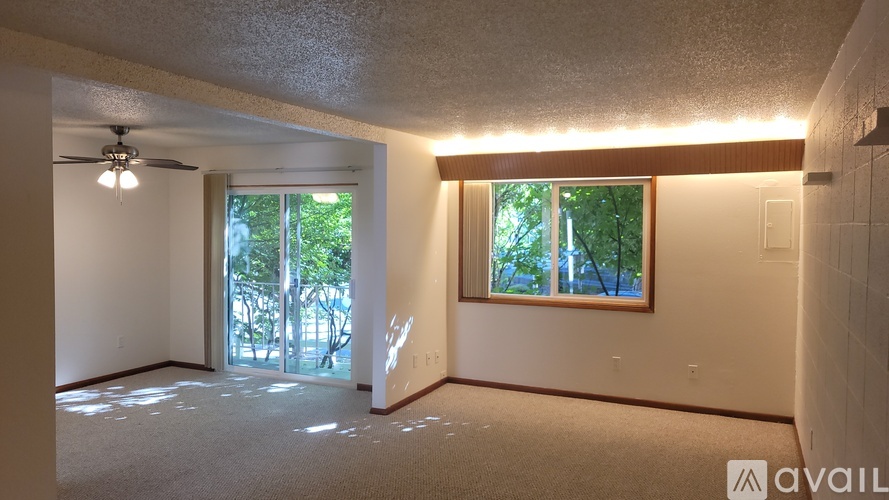 A room with a ceiling fan and a window with a view of trees.