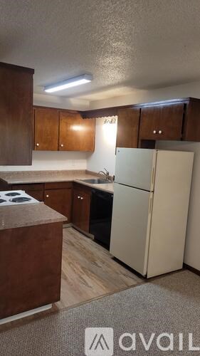 A kitchen with a white refrigerator and wooden cabinets.