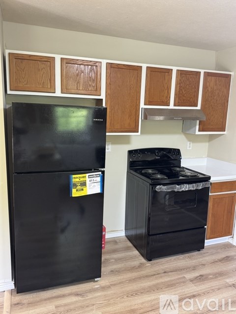 A black fridge and oven in a kitchen with wooden cabinets.