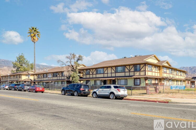 A row of cars parked in front of a building with a mountain in the background.
