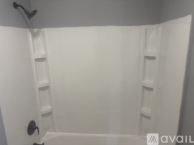 A white bathroom with a shower and a black handle.