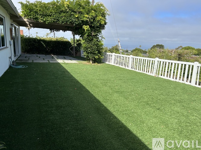 A backyard with a white fence and a green lawn.