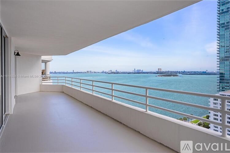 A balcony with a view of the cityscape and water.