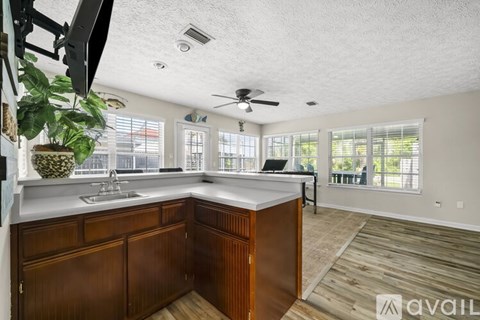 A kitchen with wooden cabinets and a countertop with a plant on it.