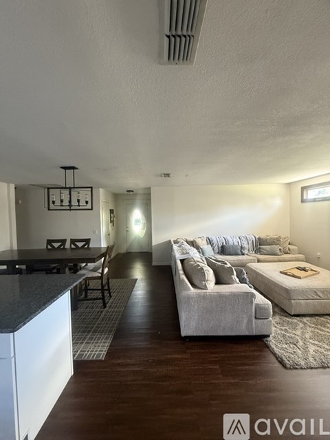 A living room with a grey couch and a black countertop.