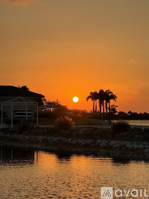 A sunset view with a house and palm trees.