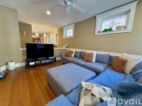 A living room with a grey couch and a television.