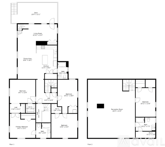 A floor plan of a two-story building with a garage on the first floor and a rec room on the second floor.