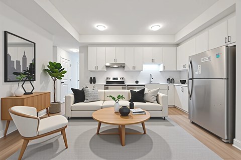 A modern kitchen with a dining table and chairs.