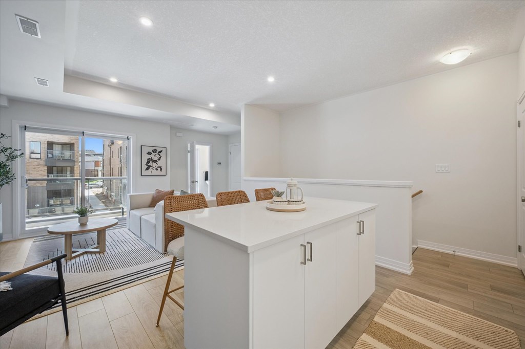 A kitchen with white cabinets and a countertop with a plant on it.