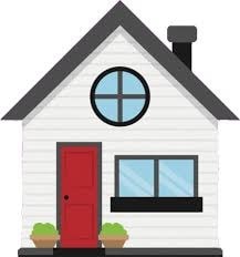 A small house with a red door and a window.