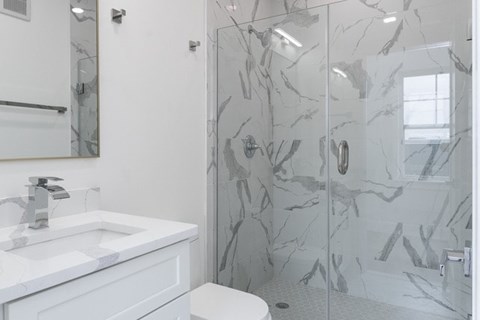 A bathroom with a marble patterned shower stall.