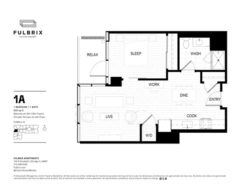 2d floorplan of a 1 bedroom, 1 bathroom unit