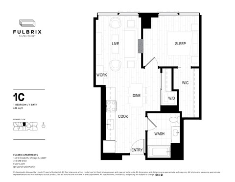 2d floorplan of a 1 bedroom, 1 bathroom unit