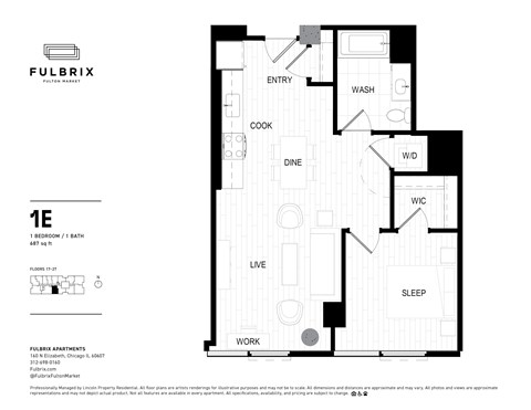 2d floorplan of a 1 bedroom, 1 bathroom unit