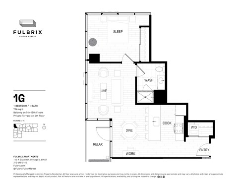 2d floorplan of a 1 bedroom, 1 bathroom unit