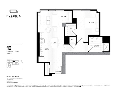 2d floorplan of a 1 bedroom, 1 bathroom unit