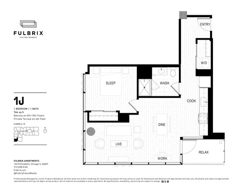 2d floorplan of a 1 bedroom, 1 bathroom unit
