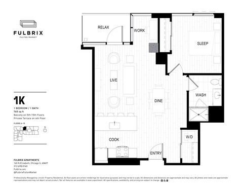 2d floorplan of a 1 bedroom, 1 bathroom unit