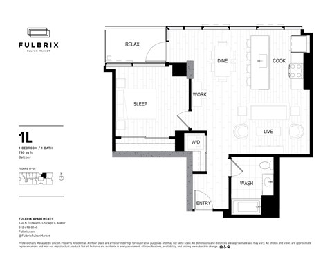 2d floorplan of a 1 bedroom, 1 bathroom unit